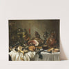 Still Life Of A Roemer, An Earthenware Jug, An Overturned Silver Beaker, A Ham And Other Objects Arranged Upon A Draped Table Top by Pieter Claesz