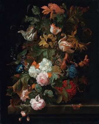Still Life Of Flowers In A Glass Vase With A Butterfly, All On A Ledge