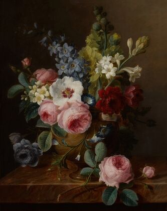 Still life of flowers in a vase on a marble ledge, including roses, hibiscus, bellflowers, hollyhocks, and anenomes — size preview