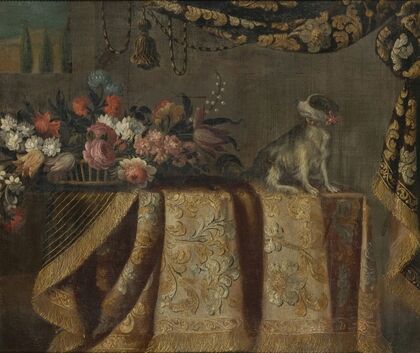 Still Life of Flowers with a Toy Spaniel, all on a draped table