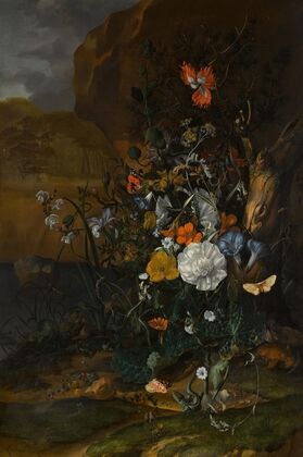 Still life of flowers, with butterflies, insects, a lizard and toads, beside a pool (1687)