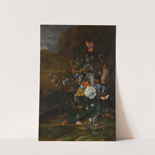 Still life of flowers, with butterflies, insects, a lizard and toads, beside a pool (1687) by Rachel Ruysch