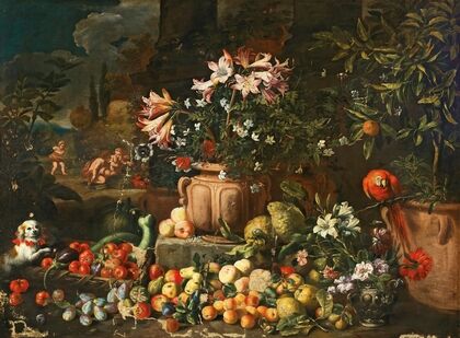 Still life of flowers with fruits, putti and animals