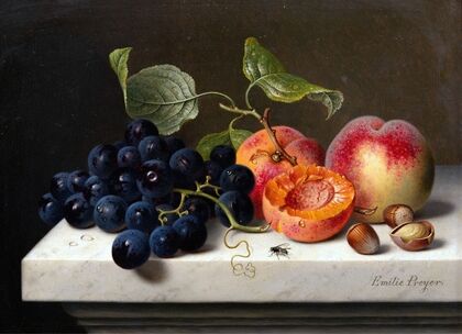 Still Life of Fruits with Grapes, Peaches and Nuts on a Marble Pedestal