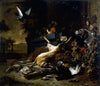 Still Life of Game including a Hare, Black Grouse and Partridge, a Spaniel looking on with a Pigeon in Flight