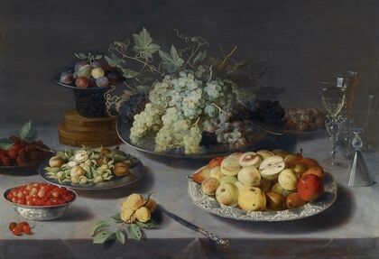 Still Life Of Grapes And Other Fruits With A Knife, Façon De Venise Wineglasses And Other Objects On A Draped Table