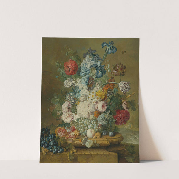Still Life Of Peonies, Primroses, Irises, Tulips, A Poppy And Other Flowers With Grapes, A Melon, A Pomegranate, Peaches, Plums And Nuts by Jacobus Linthorst