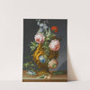 Still life of roses and other flowers in an antique vase decorated with putti, all upon a ledge by J.C. Sartori