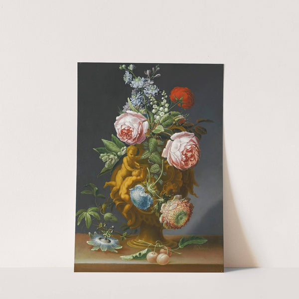 Still life of roses and other flowers in an antique vase decorated with putti, all upon a ledge by J.C. Sartori