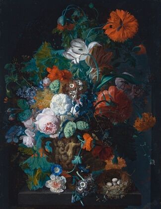 Still Life Of Roses, Tulips, Peonies And Other Flowers In A Sculpted Stone Vase, Together With A Bird’s Nest On A Stone Pedestal Before A Niche