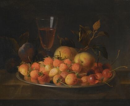 Still Life Of Strawberries, Cherries And Peaches On A Silver Dish