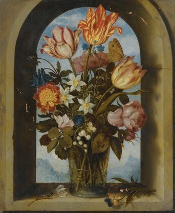 Still Life Of Tulips, Moss-Roses, Lily-Of-The-Valley And Other Flowers In A Glass Beaker Set In An Arched Stone Window Opening, — size preview
