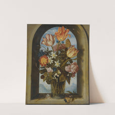 Still Life Of Tulips, Moss-Roses, Lily-Of-The-Valley And Other Flowers In A Glass Beaker Set In An Arched Stone Window Opening, by Ambrosius Bosschaert the Elder