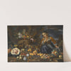 Still Life Of Watermelons, Apples, Figs, Pomegranates, Flowers And Peaches, With A Young Girl Startled By A Monkey by Bernhard Keil