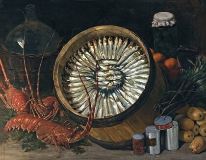 Still life with a barrel of sardines