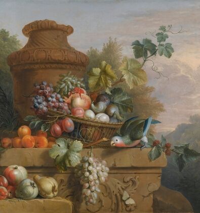 Still Life With A Basket Of Fruit, A Parrot And An Urn On A Carved Stone Ledge