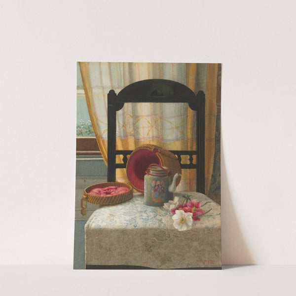 Still life with a Canton famille rose teapot and camellias by Kate Hayllar
