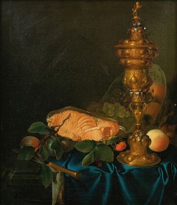 Still life with a cup, a salmon and fruits