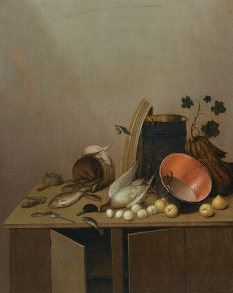 Still Life With A Dead Duck, Fish, Pears, Eggs, A Copper Pot And Other Objects, All Arranged On A Kitchen Cabinet — size preview