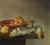Still Life With A Ham, A Fish, A Candle And Other Objects Arranged On The Edge Of A Tabletop