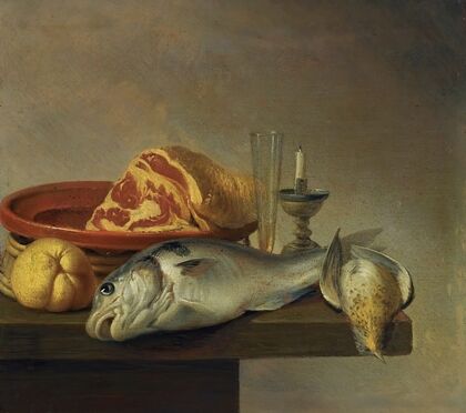 Still Life With A Ham, A Fish, A Candle And Other Objects Arranged On The Edge Of A Tabletop