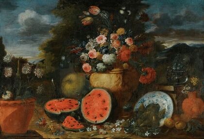 Still Life With A Large Arrangement Of Flowers In A Carved Stone Urn, With Open Watermelons, Figs And Earthenware Pots On The Garden Floor Beneath