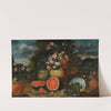 Still Life With A Large Arrangement Of Flowers In A Carved Stone Urn, With Open Watermelons, Figs And Earthenware Pots On The Garden Floor Beneath by Francesco Lavagna