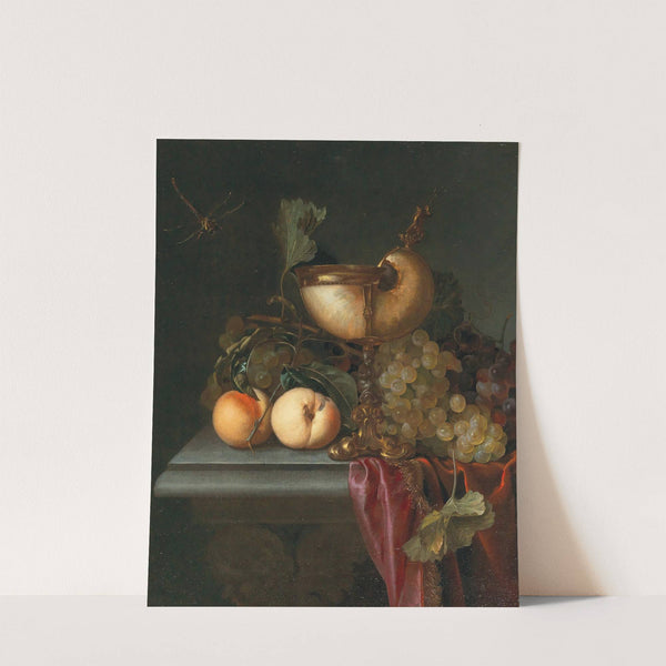 Still life with a Nautilus cup, grapes and peaches by Abraham de Lust