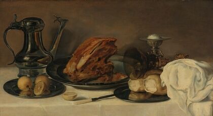 Still Life With A Pewter Jug, A Ham On A Pewter Plate, Lemons, Bread, A Gilt Mounted Roemer And Other Objects On Table Covered In A White Cloth