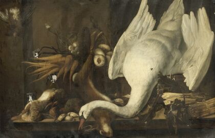 Still life with a Swan, Asparagus, Game and Vegetables