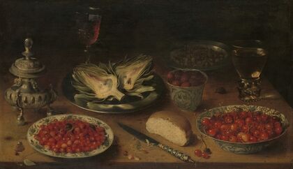 Still Life with Artichoke, Fruit in Kraak Porcelain Ware and a Salt Cellar and Pepper Castor