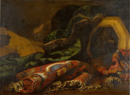 Still life with carpets, a painting of a putto, and a violin
