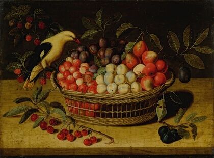 Still life with cherries, plums, raspberries and other fruits in a basket, with a yellow bird