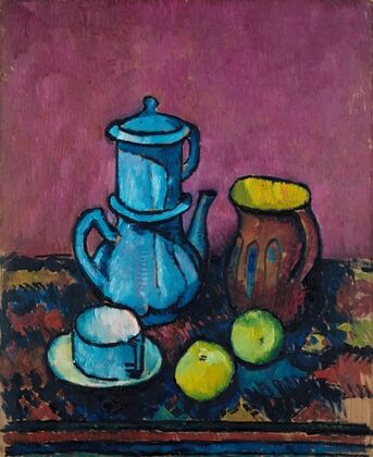 Still life with coffee tableware and apples