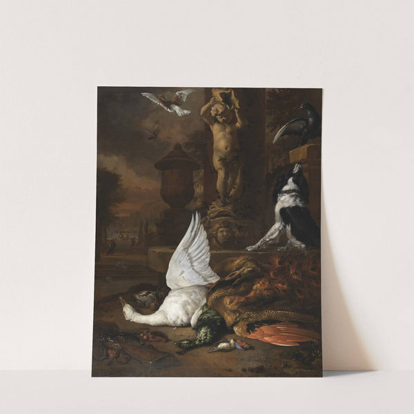 Still life with dead swan, a peacock and a dog by a garden fountain by Jan Weenix