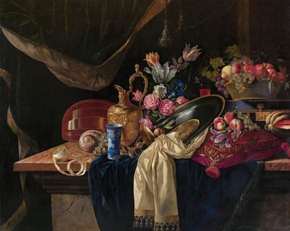 Still life with ewer, a bunch of tulips and a mandolin