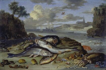 Still Life with Fish and Sea Animals in a Coastal Landscape