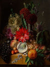 Still life with flowers and fruit on a ledge