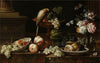 Still Life with flowers and fruits, a perroquet and various insects on a ledge