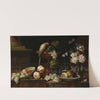 Still Life with flowers and fruits, a perroquet and various insects on a ledge by Johann Amandus Winck