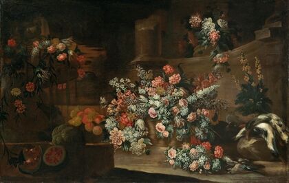 Still life with flowers, fruit and birds amongst ruins