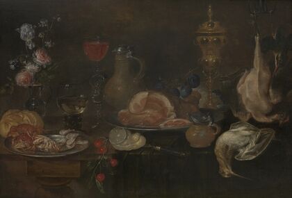 Still life with flowers, ham, game, shellfish and fruit