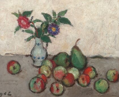 Still life with flowers in a blue and white vase with apples and pears on a table