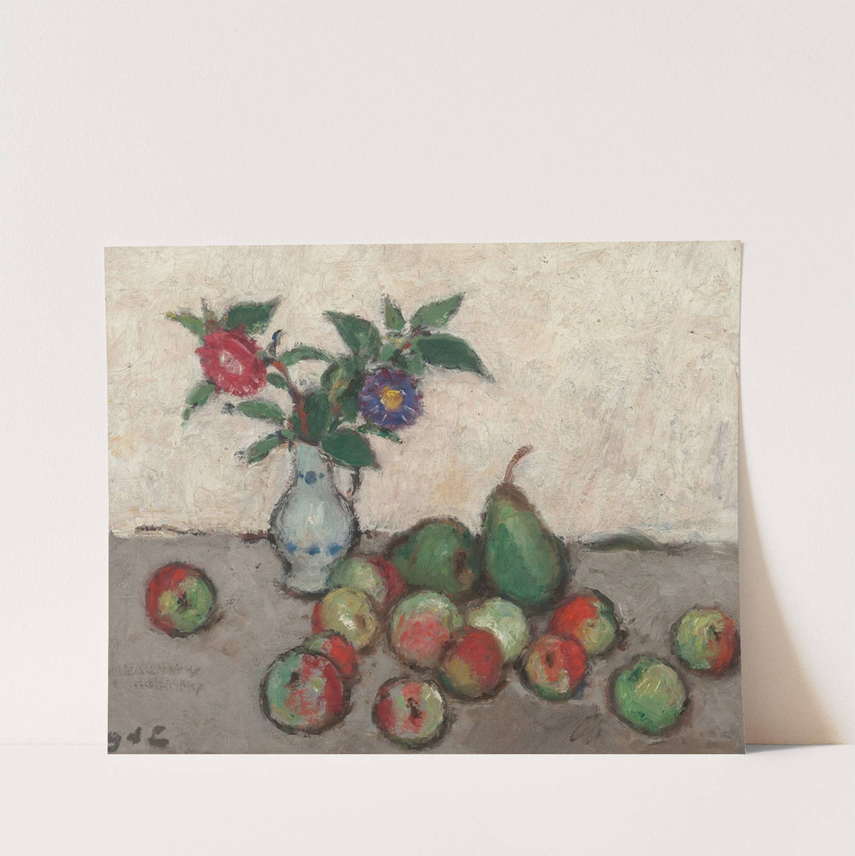 Still life with flowers in a blue and white vase with apples and pears on a table by Georges d'Espagnat