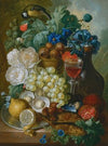Still Life With Fruit And Flowers, Together With Oysters, Mussels, A Glass Of Wine, A Decanter And Other Objects On A Stone Ledge
