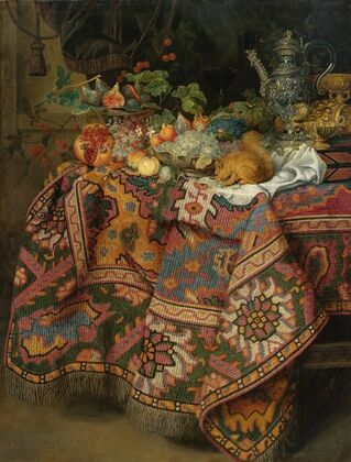 Still Life With Fruit, Gold And Silver Vessels And A Squirrel, All On A Table Covered By A Persian Rug