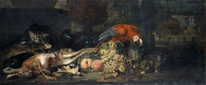 Still Life With Game And Fruits, Parrot, Rabbit And Cat