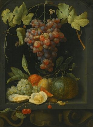 Still life with grapes a melon an orange plums and oysters in a stone niche