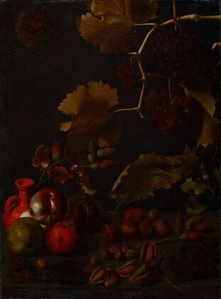Still life with grapes, apples, chestnuts, almonds, acorns and a red clay bottle