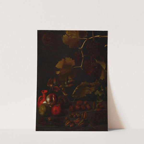 Still life with grapes, apples, chestnuts, almonds, acorns and a red clay bottle by Juan Fernández el Labrador